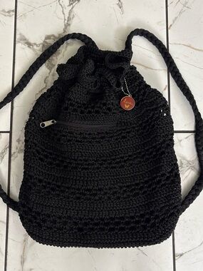 Lina Black Handwoven Crochet Drawstring Backpack